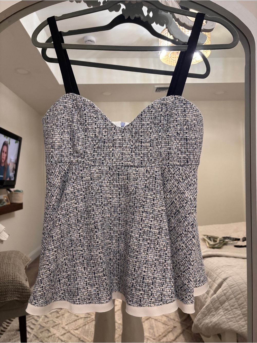 ZARA Women’s Navy & White Tweed Tank Top with Black Straps